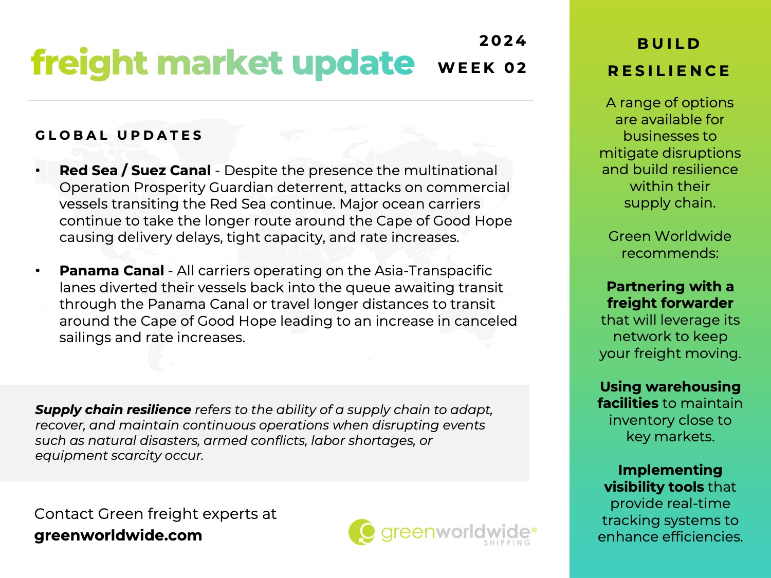 freight market update 2024 WEEK 02 BUILD RESILIENCE A range of options are available for businesses to mitigate disruptions and build resilience within their supply chain. Green Worldwide recommends: Partnering with a freight forwarder that will leverage its network to keep your freight moving. Using warehousing facilities to maintain inventory close to key markets. Implementing visibility tools that provide real-time tracking systems to enhance efficiencies. GLOBAL UPDATES Red Sea / Suez Canal - Despite the presence the multinational Operation Prosperity Guardian deterrent, attacks on commercial vessels transiting the Red Sea continue. Major ocean carriers continue to take the longer route around the Cape of Good Hope causing delivery delays, tight capacity, and rate increases. Panama Canal - All carriers operating on the Asia-Transpacific lanes diverted their vessels back into the queue awaiting transit through the Panama Canal or travel longer distances to transit around the Cape of Good Hope leading to an increase in canceled sailings and rate increases. Supply chain resilience refers to the ability of a supply chain to adapt, recover, and maintain continuous operations when disrupting events such as natural disasters, armed conflicts, labor shortages, or equipment scarcity occur. Contact Green freight experts atgreenworldwide.com