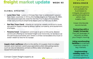 Freight Market Update Wk03_2024 Green Worldwide Shipping GLOBAL UPDATES Lunar New Year - Lunar or Chinese New Year is celebrated in several East-Asian countries. In China, the holiday begins on February 10, 2024. Manufacturers typically close for the first 7 to 14 days of the holiday. Order early to ensure shipments depart prior to February 9, 2024. Red Sea / Suez Canal - Attacks on container vessels continue to cause disruptions. Expect shipping delays, tighter compacity, and equipment shortages. Panama Canal - Congestion continues to grow at the ports. Several carriers are offering to transload freight and move it by rail across or up the peninsula to another port where it will be transloaded onto truck or ocean vessel to resume its voyage.