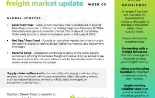 Freight Market Update Wk03_2024 Green Worldwide Shipping GLOBAL UPDATES Lunar New Year - Lunar or Chinese New Year is celebrated in several East-Asian countries. In China, the holiday begins on February 10, 2024. Manufacturers typically close for the first 7 to 14 days of the holiday. Order early to ensure shipments depart prior to February 9, 2024. Red Sea / Suez Canal - Attacks on container vessels continue to cause disruptions. Expect shipping delays, tighter compacity, and equipment shortages. Panama Canal - Congestion continues to grow at the ports. Several carriers are offering to transload freight and move it by rail across or up the peninsula to another port where it will be transloaded onto truck or ocean vessel to resume its voyage.
