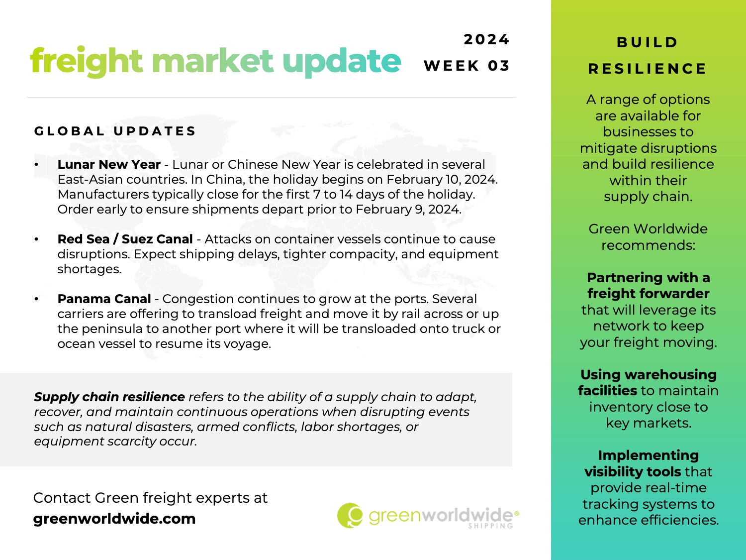 Freight Market Update Wk03_2024 Green Worldwide Shipping GLOBAL UPDATES Lunar New Year - Lunar or Chinese New Year is celebrated in several East-Asian countries. In China, the holiday begins on February 10, 2024. Manufacturers typically close for the first 7 to 14 days of the holiday. Order early to ensure shipments depart prior to February 9, 2024. Red Sea / Suez Canal - Attacks on container vessels continue to cause disruptions. Expect shipping delays, tighter compacity, and equipment shortages. Panama Canal - Congestion continues to grow at the ports. Several carriers are offering to transload freight and move it by rail across or up the peninsula to another port where it will be transloaded onto truck or ocean vessel to resume its voyage.