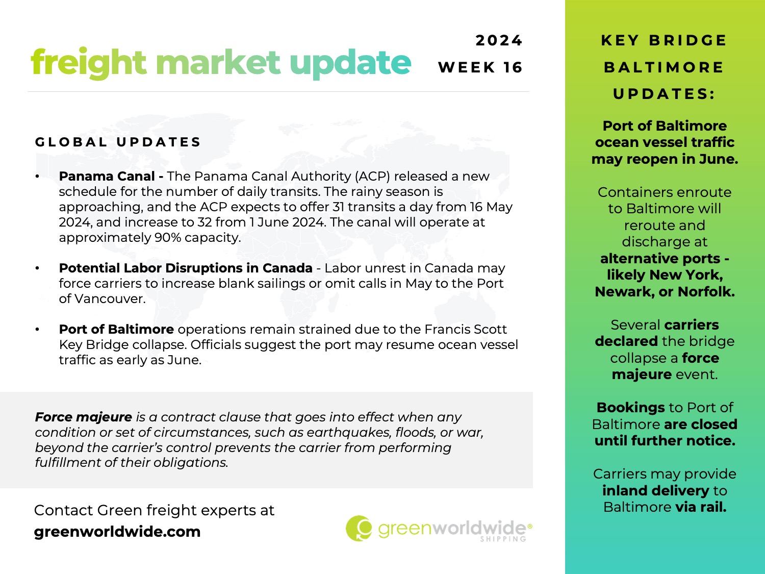 Freight Market Update Week 16 2024, Green Worldwide Shipping, port of baltimore, panama canal, labor unrest in canada