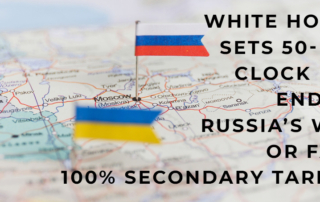 During an Oval Office appearance with NATO Secretary-General Mark Rutte, President Donald Trump warned that if Russia “doesn’t stop bombing Ukraine within 50 days,” the United States will impose 100 percent duties on the U.S. imports of any third-country that continues to purchase from Russia.