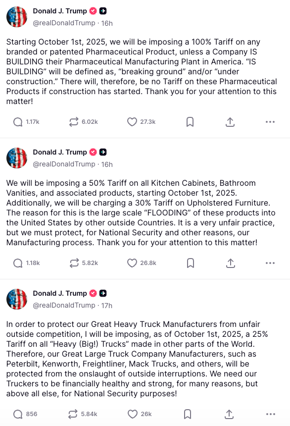 Tariffs, Trump Tariffs, Trade War, Pharmaceutical product tariff, branded pharmaceutical product tariffs, heavy truck tariff, furniture tariff, white house, IEEPA, Section 232, Section 301 