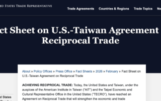 A new reciprocal trade agreement between the United States and Taiwan, signed on February 12, 2026, establishes a unified 15 percent all in tariff framework for most Taiwanese goods while significantly expanding market access in both directions.