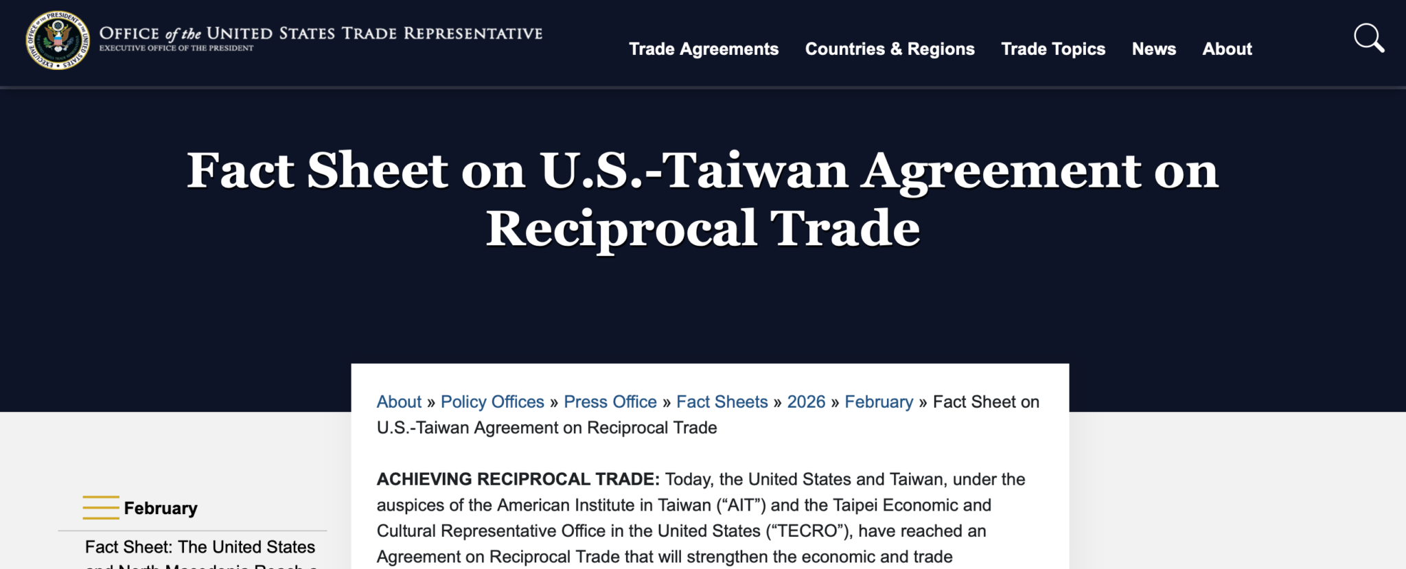 A new reciprocal trade agreement between the United States and Taiwan, signed on February 12, 2026, establishes a unified 15 percent all in tariff framework for most Taiwanese goods while significantly expanding market access in both directions.