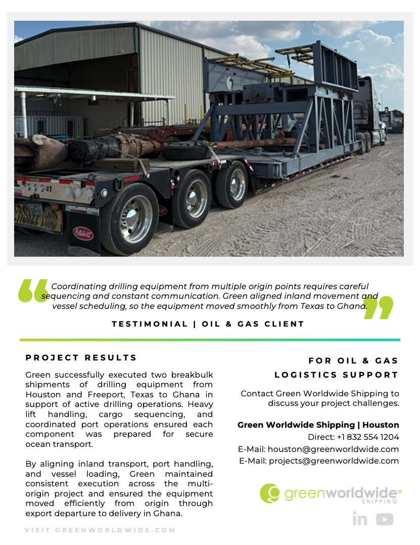 oil and gas drilling equipment breakbulk transport, oil and gas logistics, breakbulk shipping, breakbulk cargo, drilling equipment export, drilling rig transport, project cargo logistics, heavy lift cargo, oversized cargo shipping, oil and gas project cargo, Houston breakbulk shipping, Freeport Texas port logistics, drilling rig components shipping, oil and gas equipment export, international drilling logistics, heavy lift breakbulk cargo