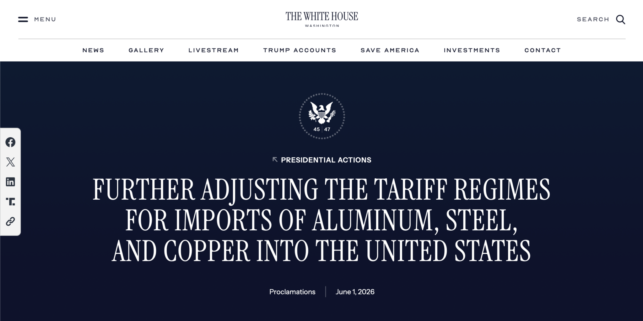 A June 1, 2026 White House proclamation modifies Section 232 tariffs for listed agricultural equipment, HVAC equipment, mobile industrial machinery, steel racks and aluminum lithographic plates effective June 8, 2026.